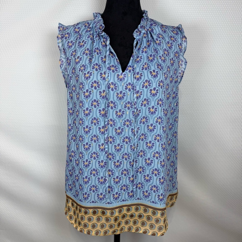 Rachel Roy Blue Floral Boho Blouse Sz Medium Sleeveless Ruffle Neck Border Print